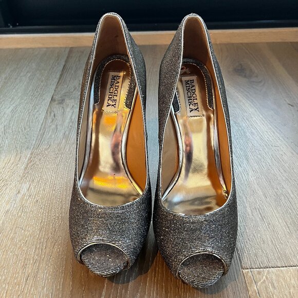 Badgley Mischka open toe leather sole/silver sparkle heel - Picture 1 of 4